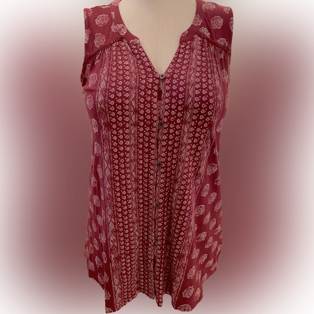 Sonoma Sleeveless V-Neck Top Wine & Cream Button Front Gathered Yoke. M Like New